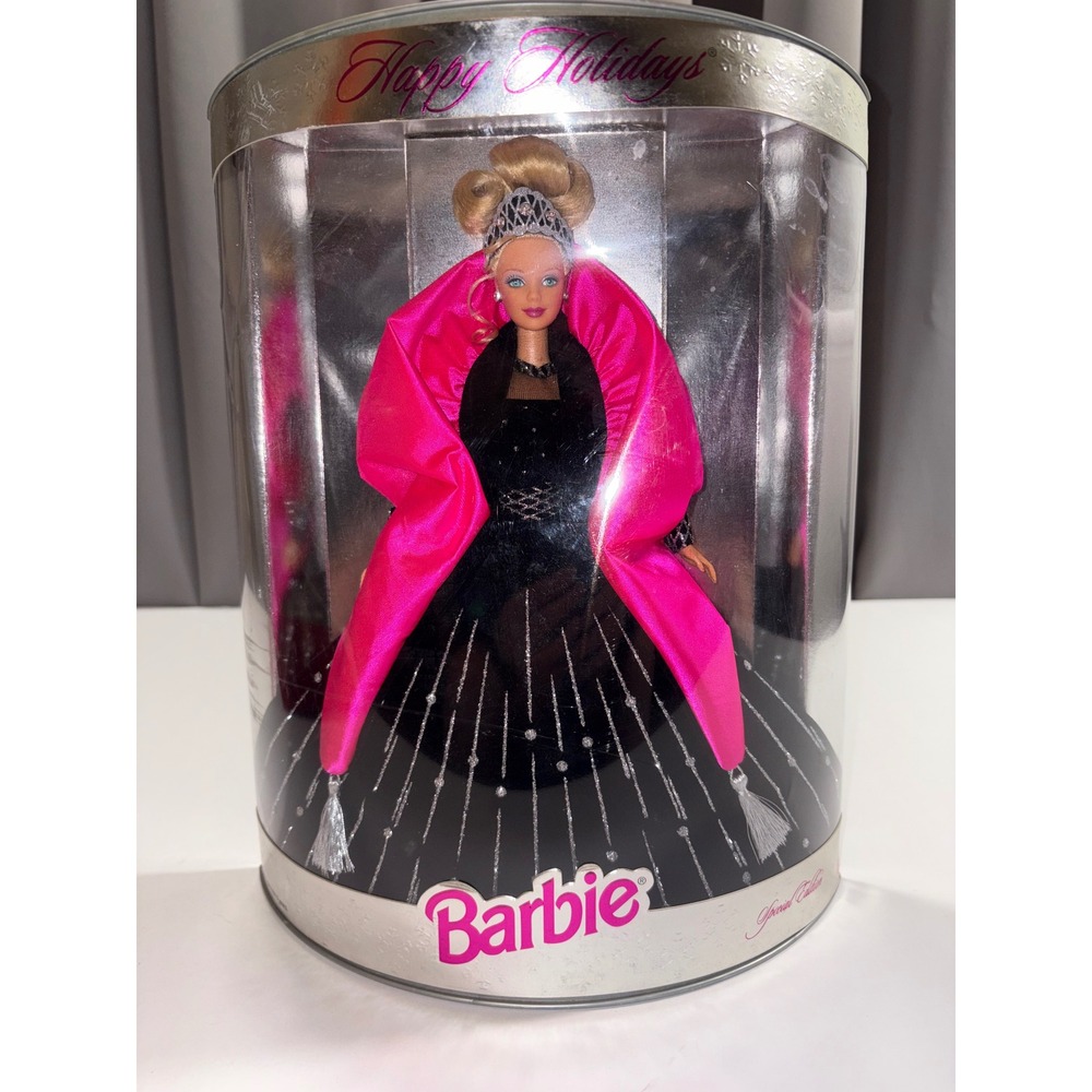 Happy Holidays Barbie Doll Special Edition 1998 Black Gown Pink Wrap Sparkle - Picture 12 of 13